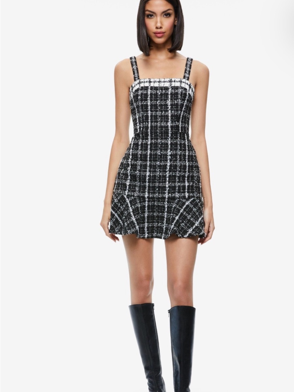Alice and Olivia Black & White Plaid Tweed Mini Dress with Straps 6